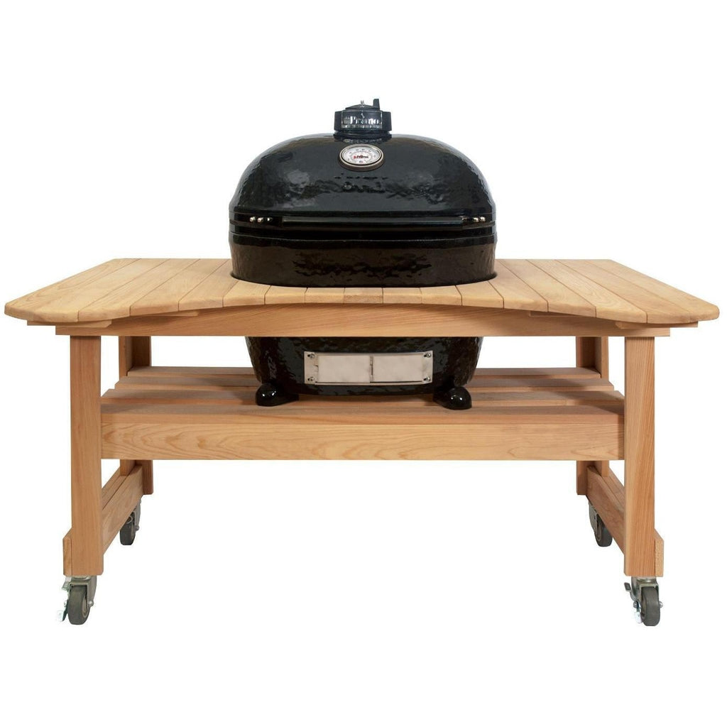 Primo Oval XL 400 Ceramic Kamado Grill On Curved Cypress Table With Stainless Steel Grates - 778 image 0