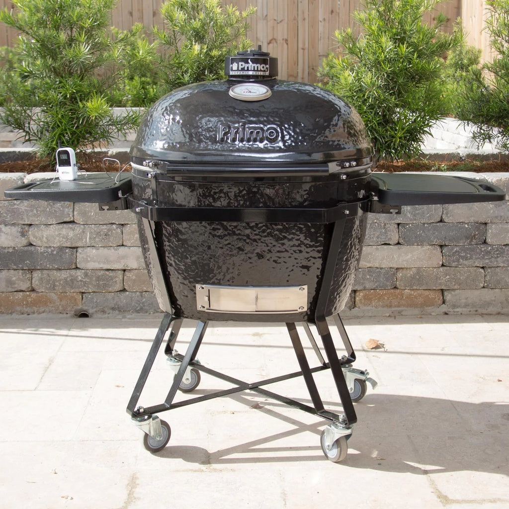 Primo All-In-One Oval XL 400 Ceramic Kamado Grill With Cradle, Side Shelves, And Stainless Steel Grates - 7800