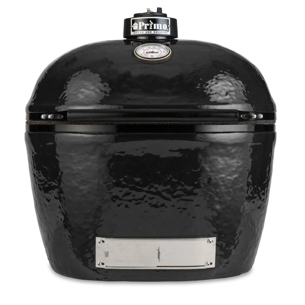 Primo Oval XL 400 Ceramic Kamado Grill On Steel Cart With 1-Piece Island Side Shelves, Cup Holders, And Stainless Steel Grates - 778