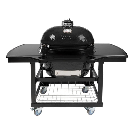 Primo Oval XL 400 Ceramic Kamado Grill On Steel Cart With 1-Piece Island Side Shelves, Cup Holders, And Stainless Steel Grates - 778