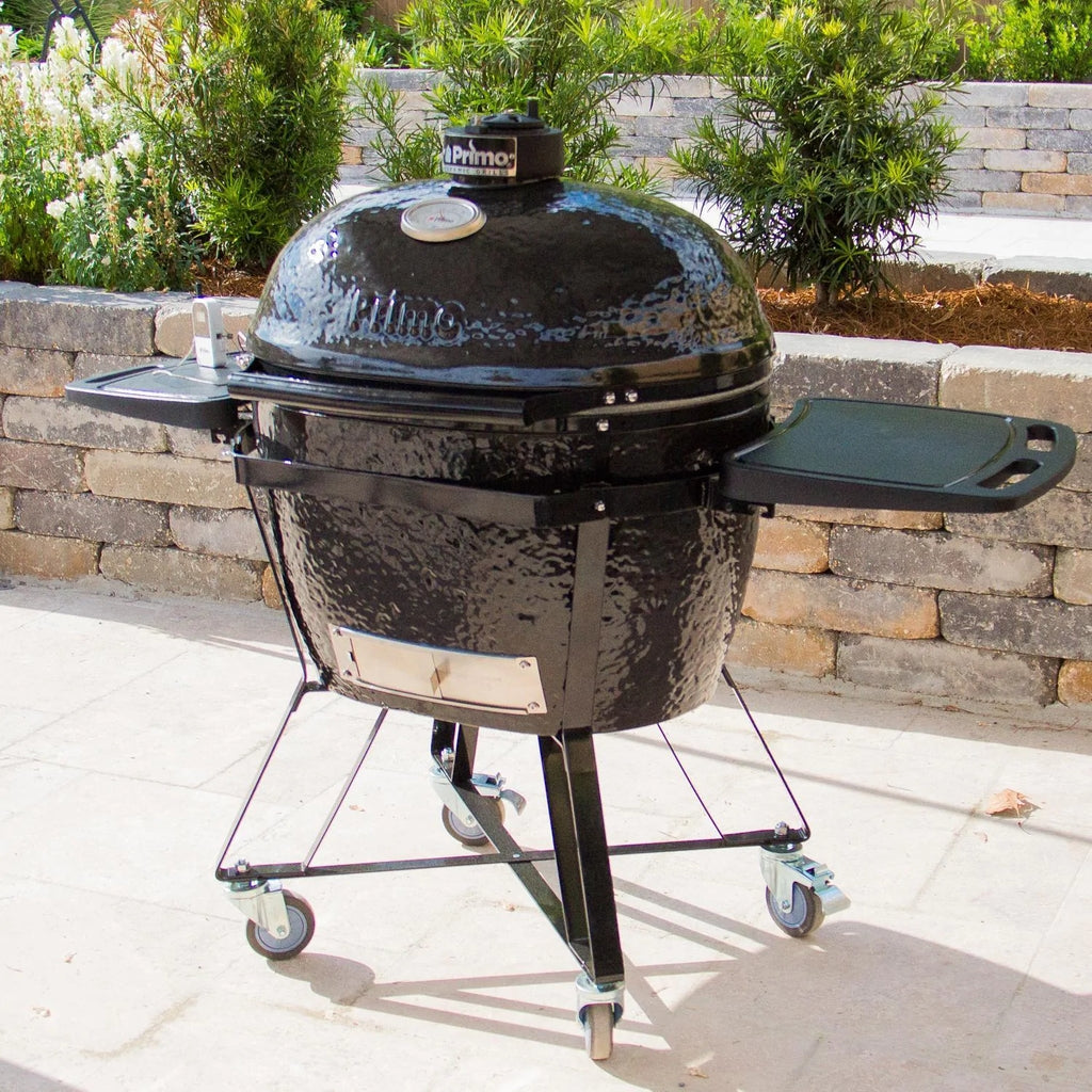 Primo All-In-One Oval XL 400 Ceramic Kamado Grill With Cradle, Side Shelves, And Stainless Steel Grates - 7800
